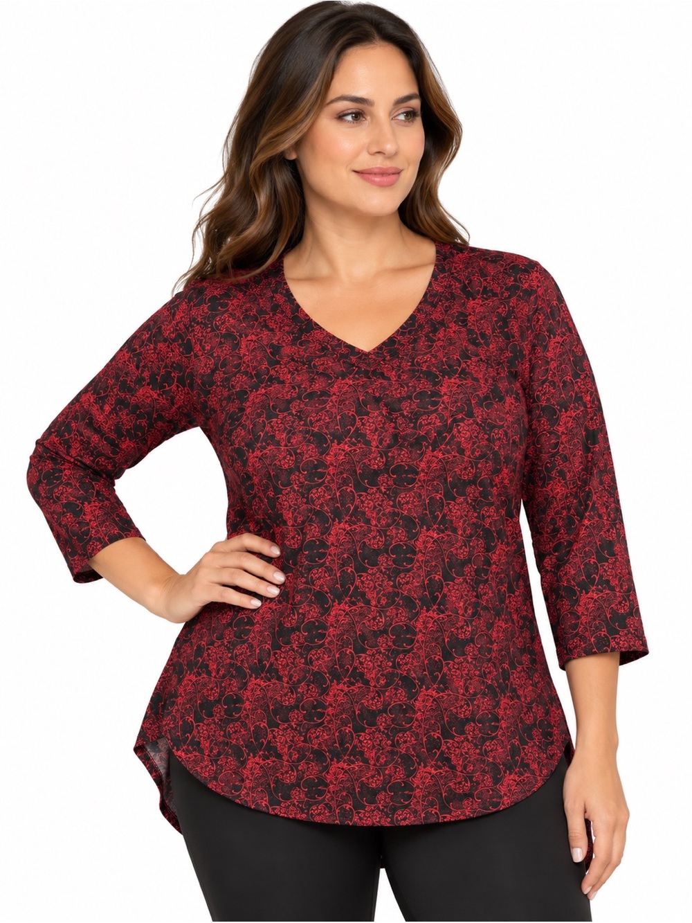 Blue Sky Clothing Co. Red Black Paisley V-Neck Tunic Top Size L